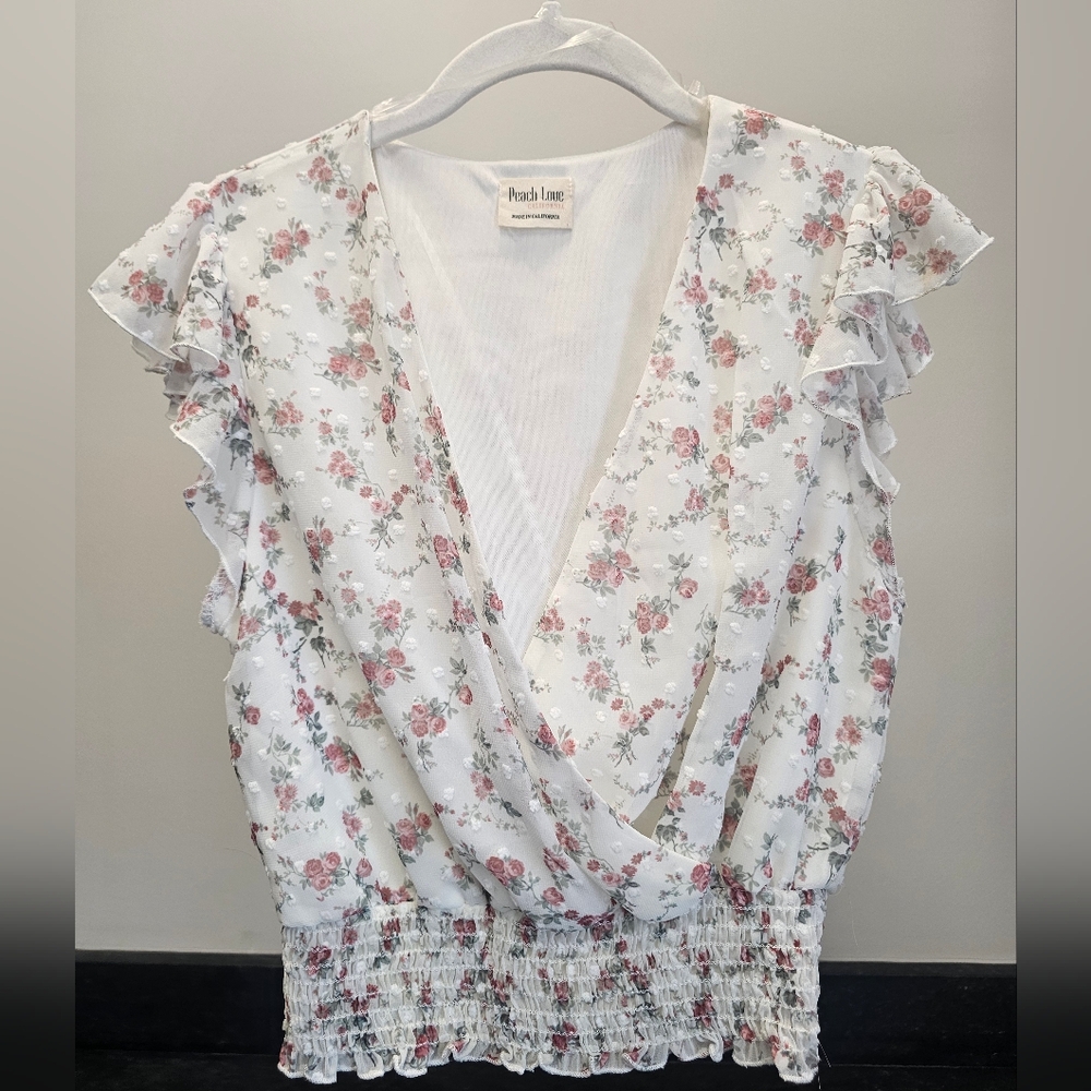 Peach Love California Floral Ruffle Sleeve Top - White and Pink